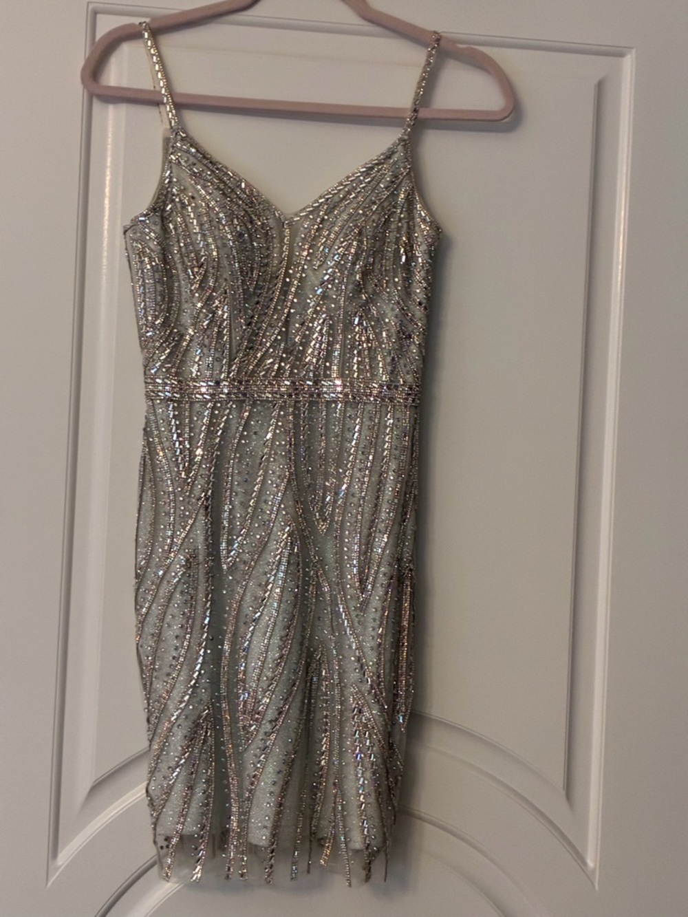 Jovani Silver Beaded Spaghetti Strap Mini Dress